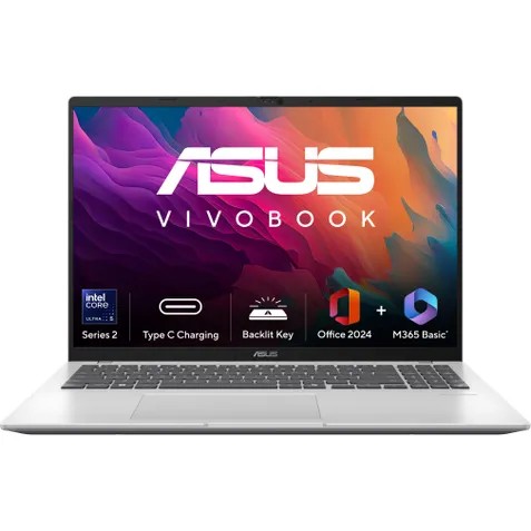 ASUS Vivobook 16, AI Powered Light Weight Laptop, Intel Core Ultra 5 225H (16GB/512GB/Intel Graphics/40.64 cm (16) FHD+/Windows 11 Home/Office Home 2024 + M365 Basic (1 Year Validity)*) X1607CA-MB350WS