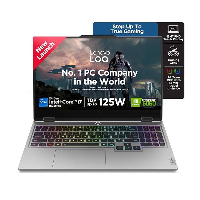 Lenovo LOQ, Intel Core i7 13th Gen 13700HX, NVIDIA RTX 5060 8GB, 16GB RAM, 1TB SSD, 15.6"(39.6cm), 144Hz, Windows 11, Office 2024, Grey, 2.4Kg, 83JE00U4IN, 572 AI Tops, 3 Mon. Game Pass Gaming Laptop
