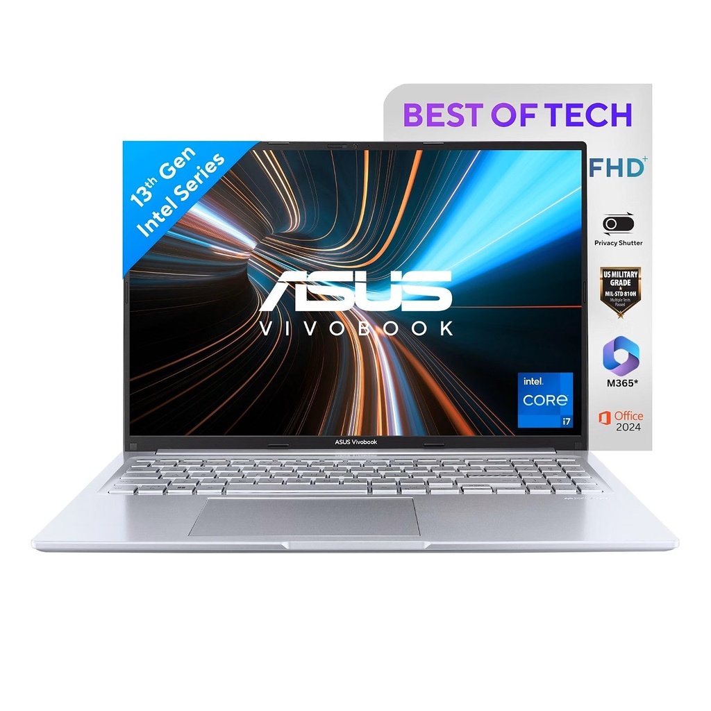 ASUS Vivobook 16,Intel Core i7-13620H Processor,(16GB RAM/512GB SSD/16 FHD+ (1920 x 1200)/Iris Xᵉ/Windows 11/M365 Basic (1Year)*/Office Home 2024/Silver/1.88 kg),X1605VA-MB1628WS
